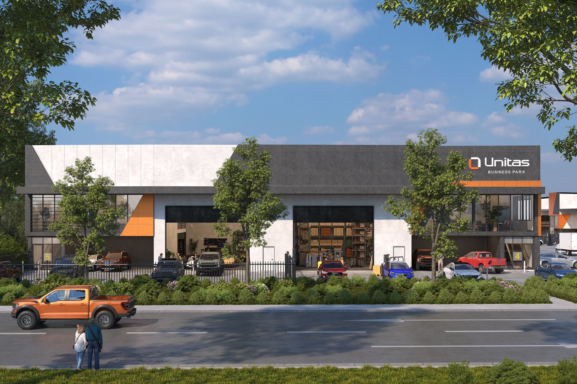 Architectural visualisation of a business park frontage, two storey units with glazed offices above workshop space, seen from the street